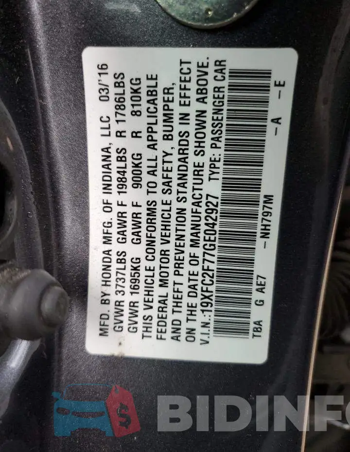 19XFC2F77GE042927 Photo# 12