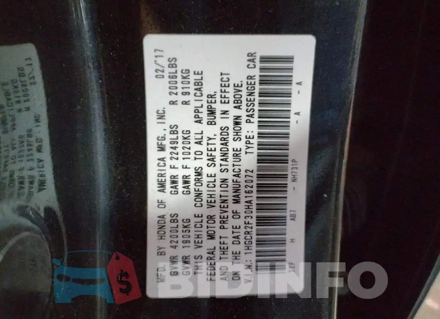 1HGCR2F30HA162072 Photo# 13