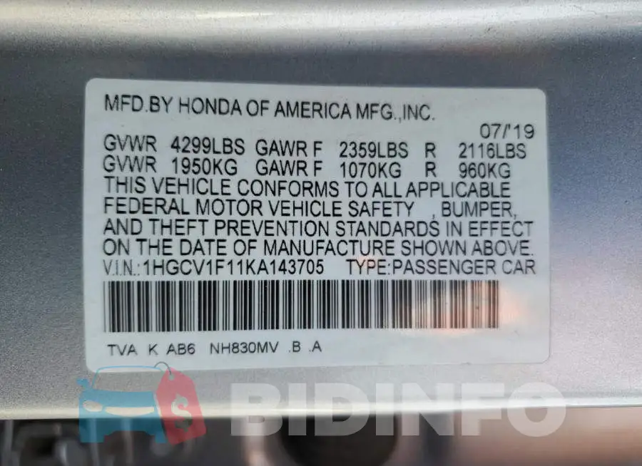 1HGCV1F11KA143705 Photo# 12