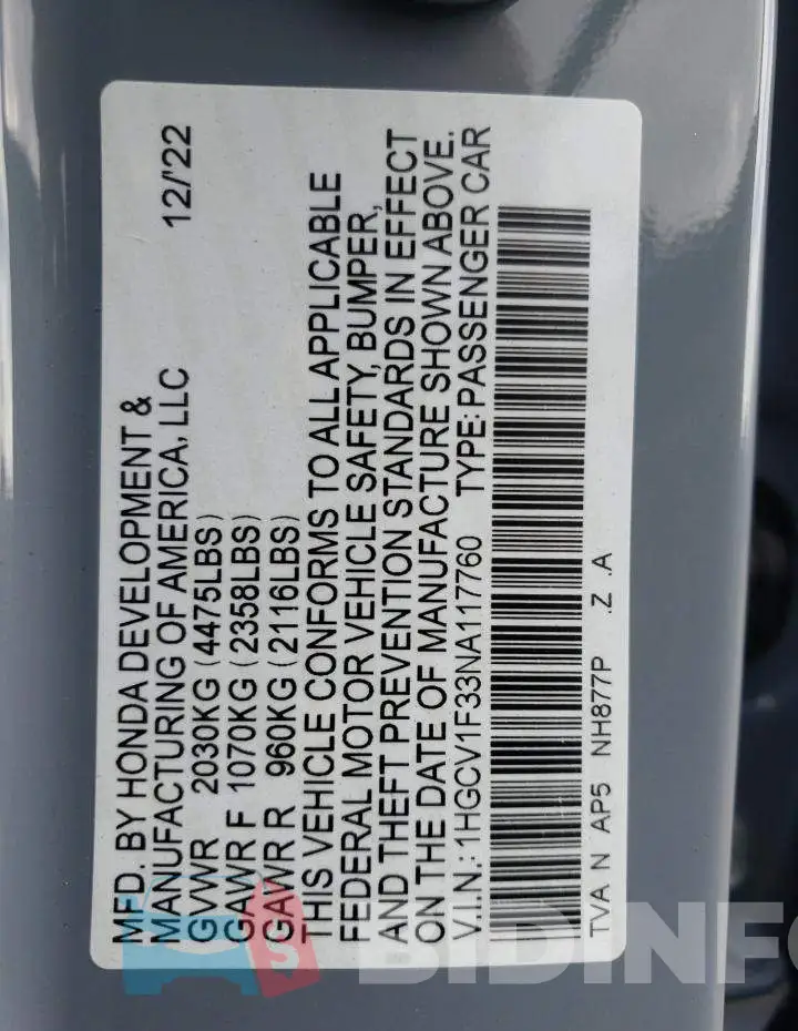 1HGCV1F33NA117760 Photo# 12