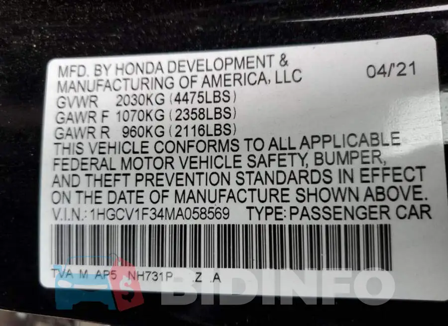 1HGCV1F34MA058569 Photo# 12