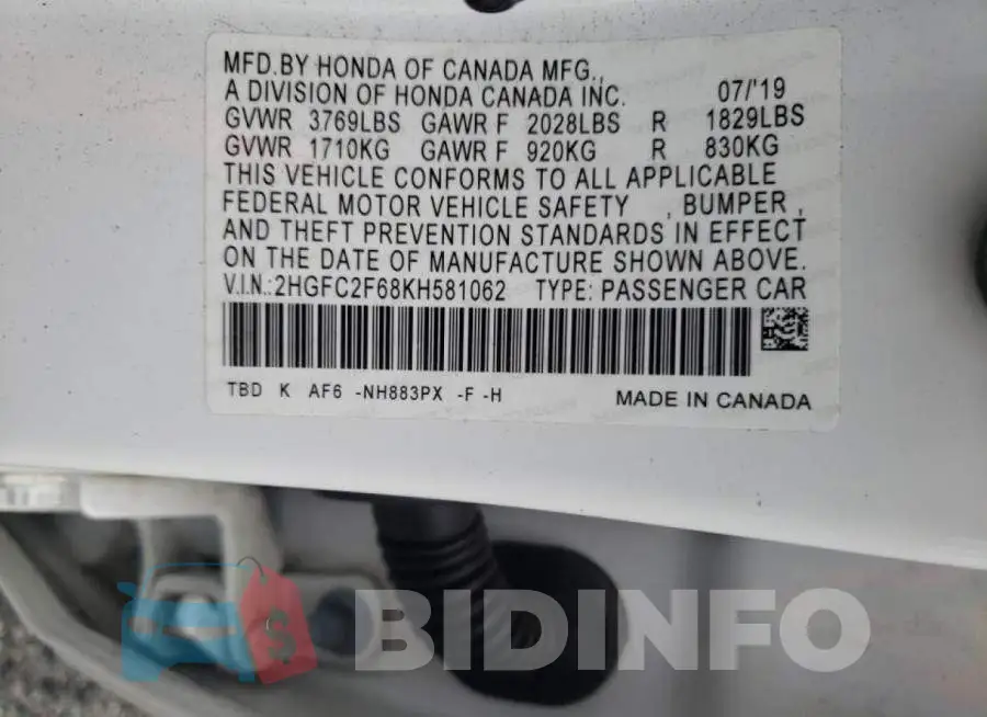 2HGFC2F68KH581062 Photo# 12