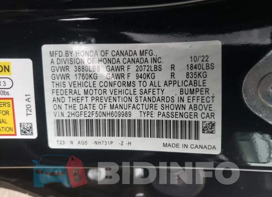 2HGFE2F50NH609989 Photo# 12