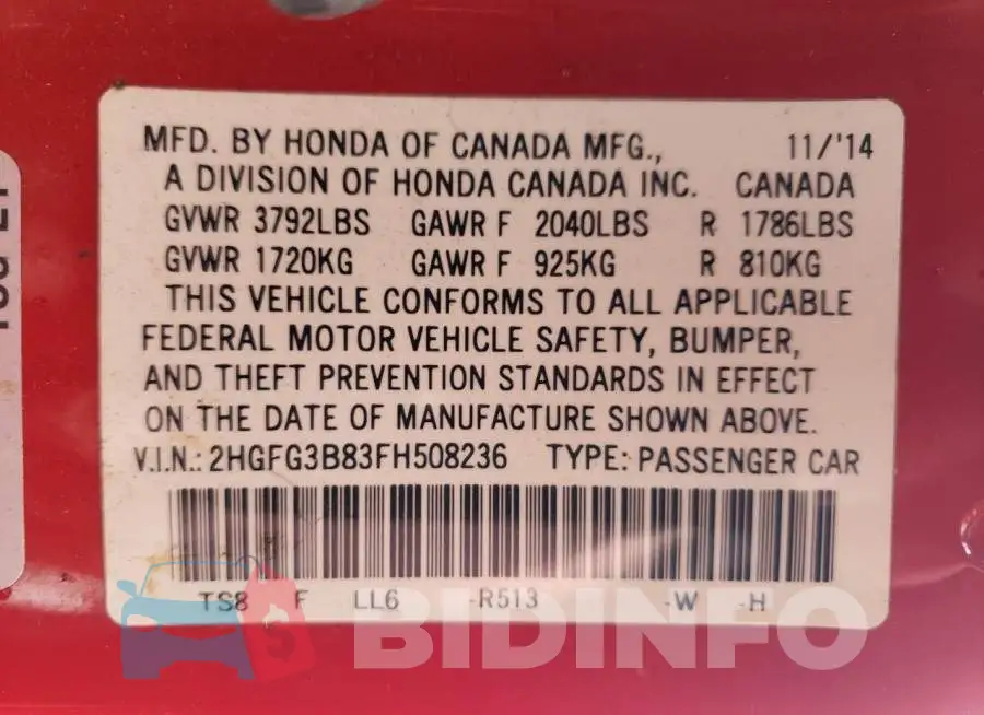 2HGFG3B83FH508236 Photo# 12
