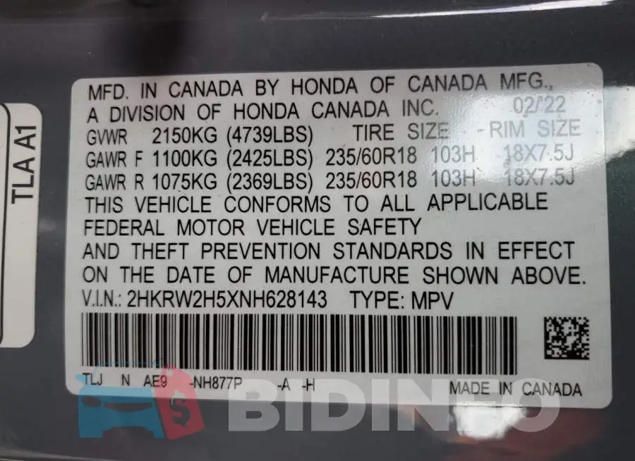 2HKRW2H5XNH628143 Photo# 14