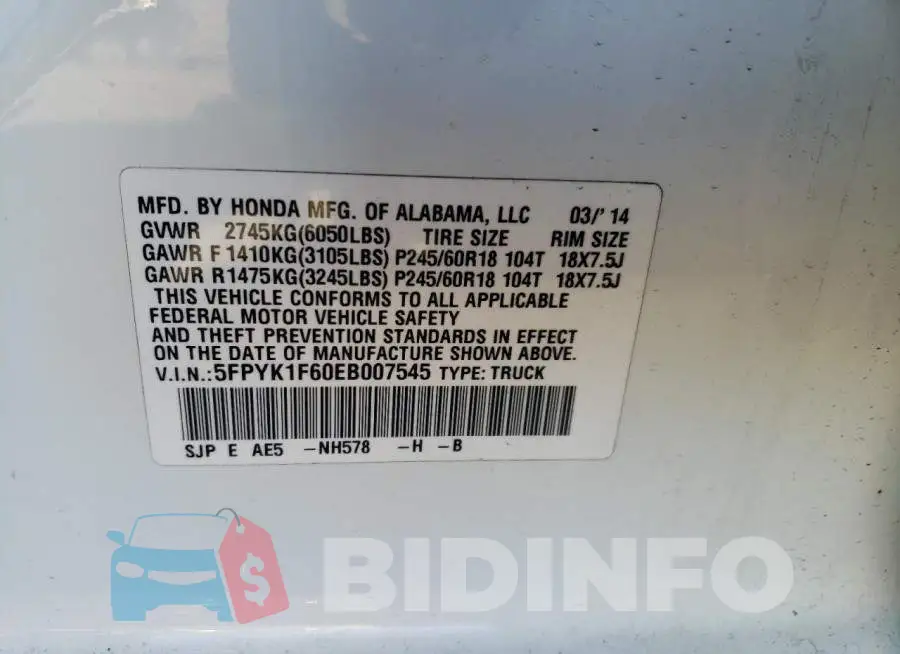 5FPYK1F60EB007545 Photo# 12