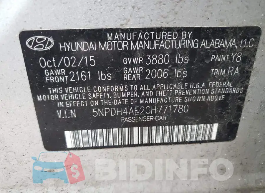 5NPDH4AE2GH771780 Photo# 12