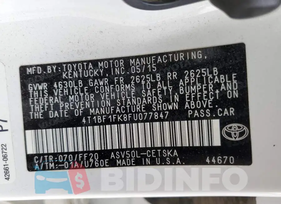 4T1BF1FK8FU077847 Photo# 12