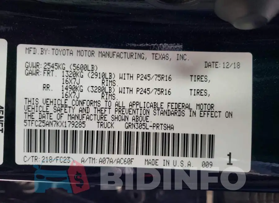 5TFCZ5AN7KX179285 Photo# 12