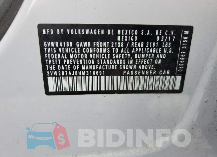 3VW2B7AJ8HM316691 Photo# 12