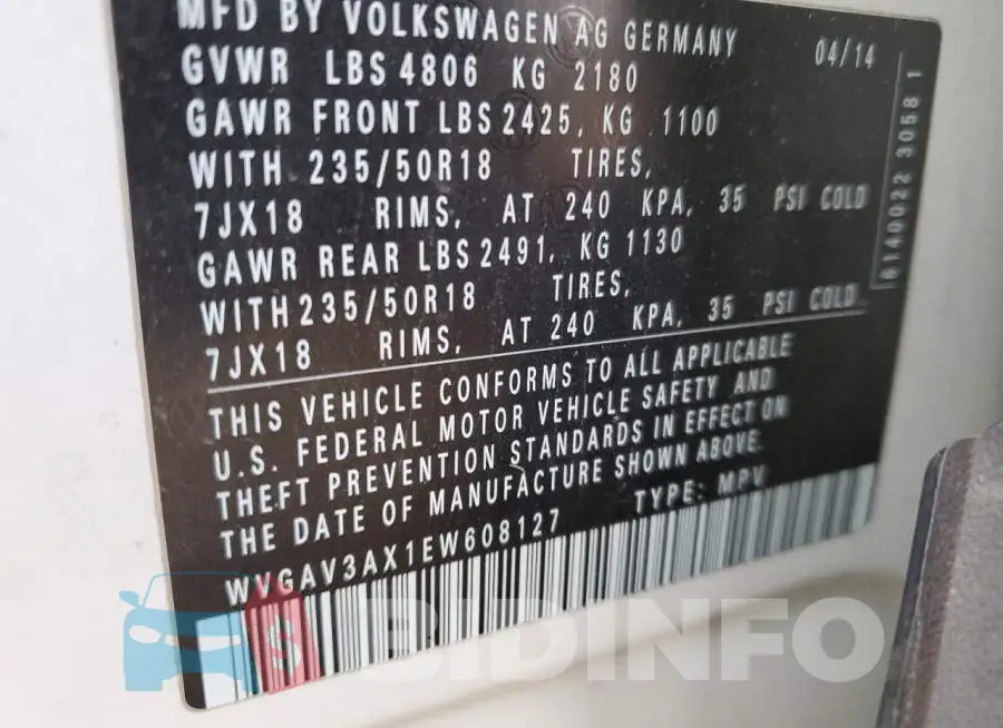 WVGAV3AX1EW608127 Photo# 13