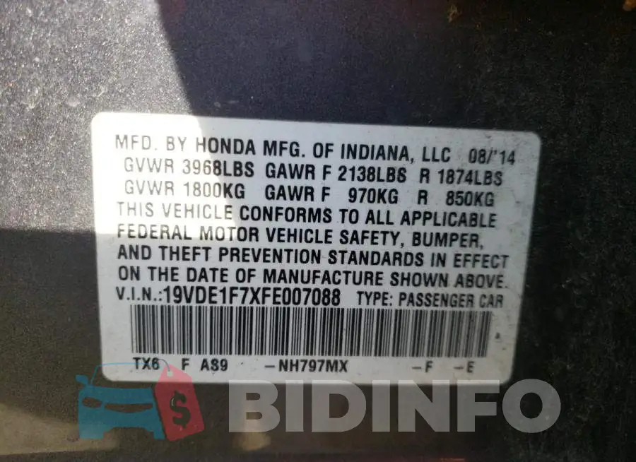19VDE1F7XFE007088 Photo# 12