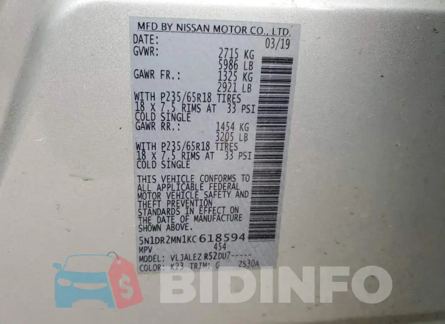 5N1DR2MN1KC618594 Photo# 13