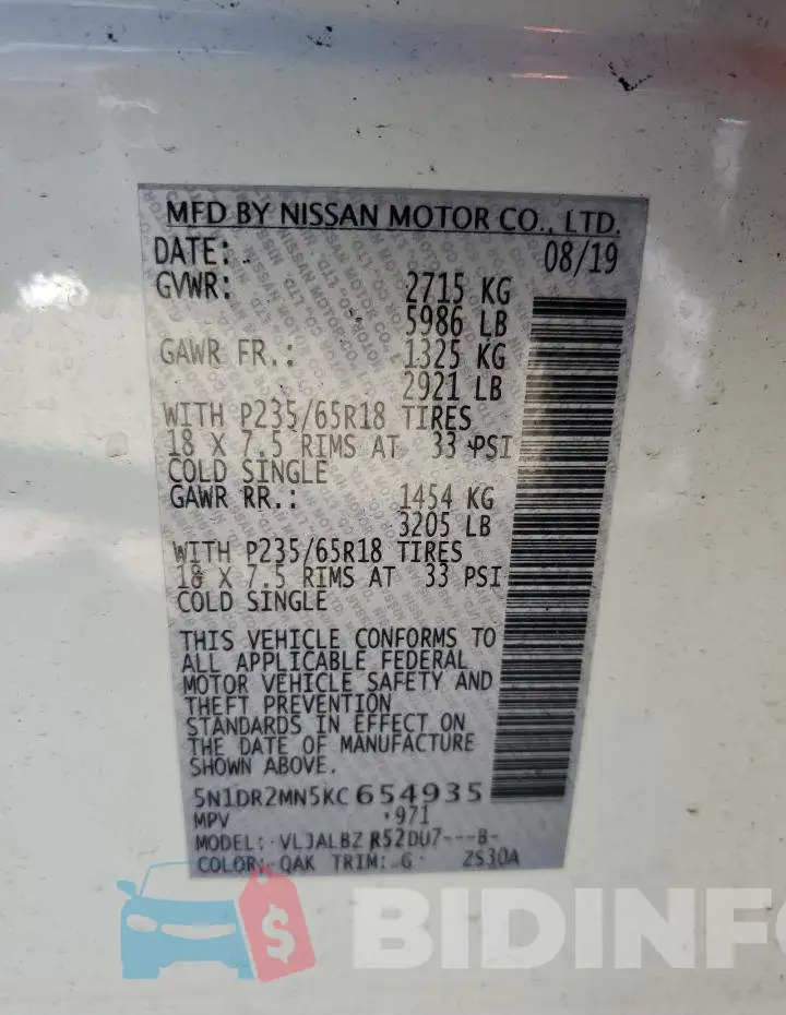 5N1DR2MN5KC654935 Photo# 13