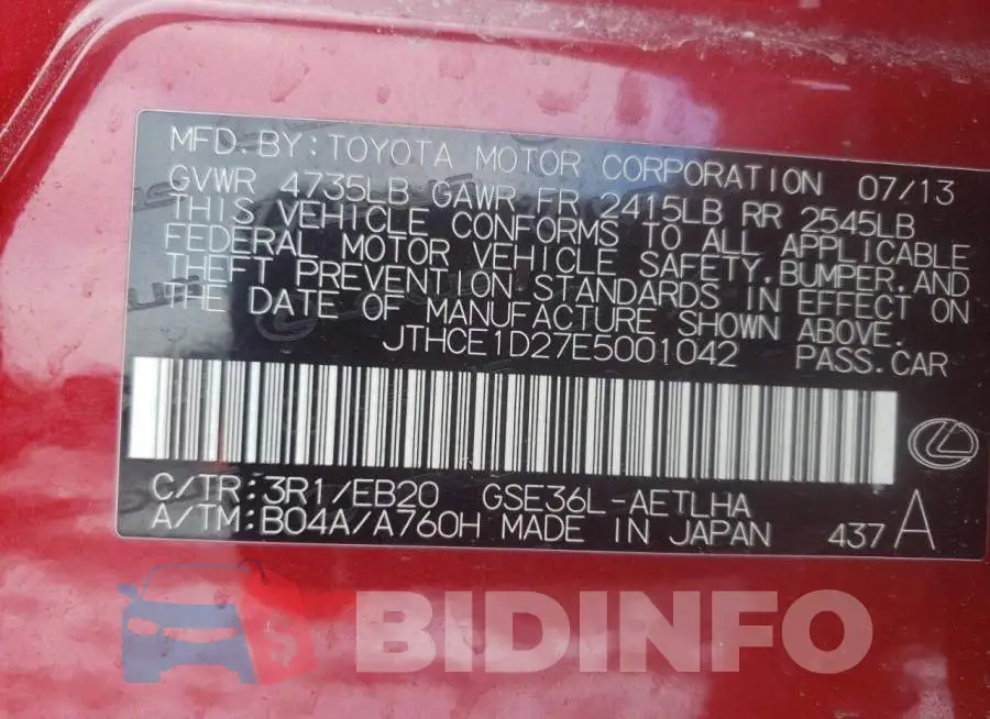 JTHCE1D27E5001042 Photo# 12