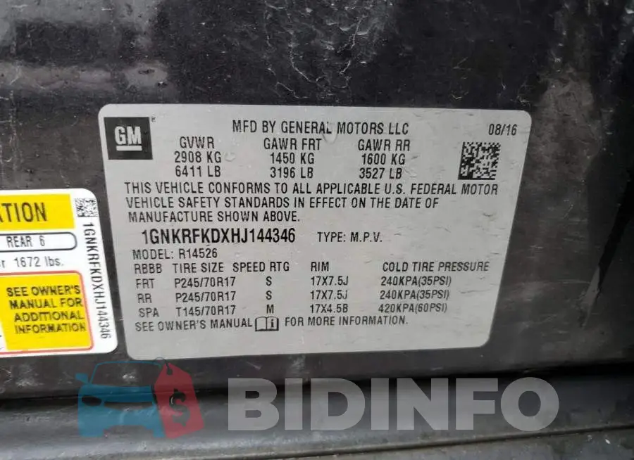 1GNKRFKDXHJ144346 Photo# 13