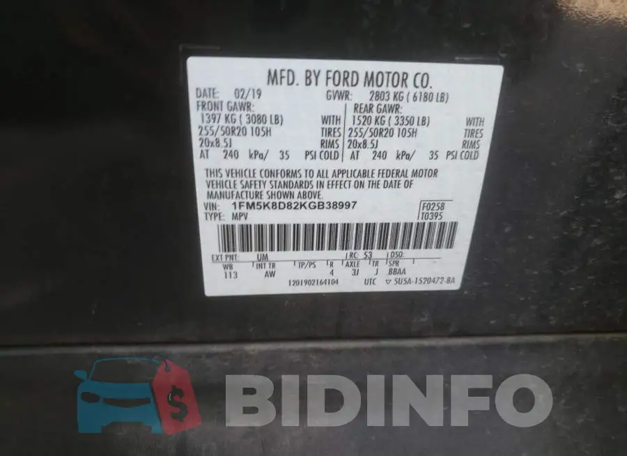 1FM5K8D82KGB38997 Photo# 10