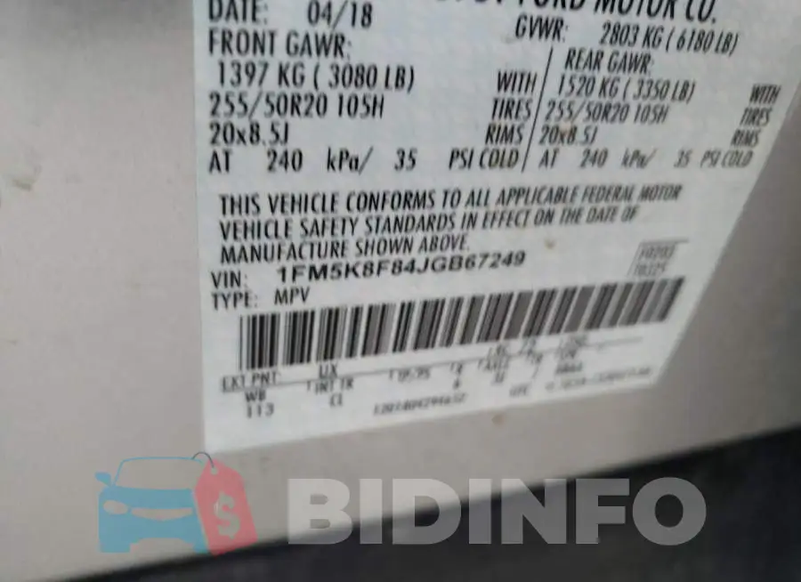 1FM5K8F84JGB67249 Photo# 10