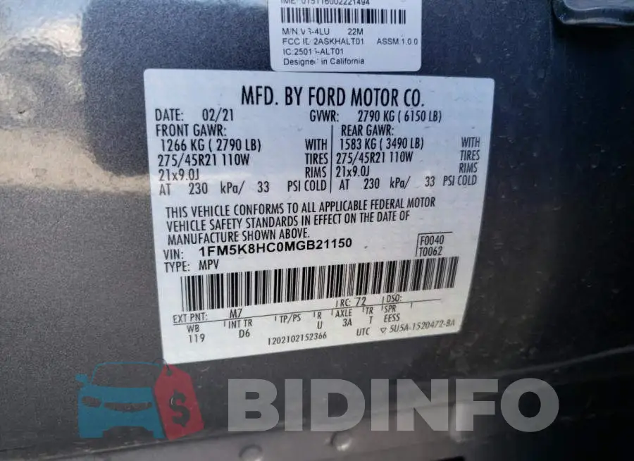 1FM5K8HC0MGB21150 Photo# 13