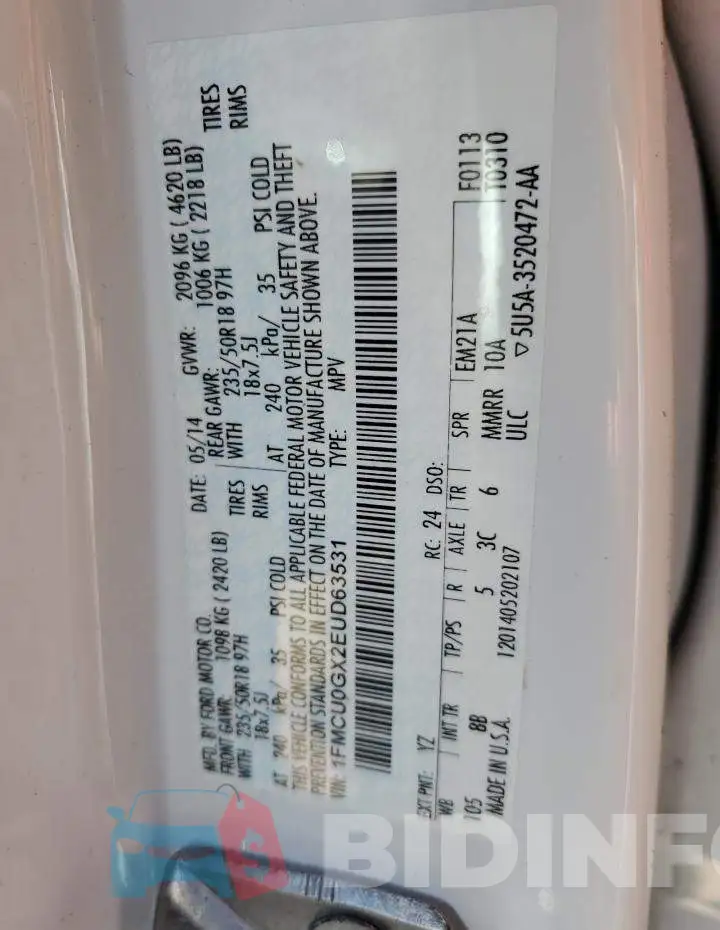 1FMCU0GX2EUD63531 Photo# 13