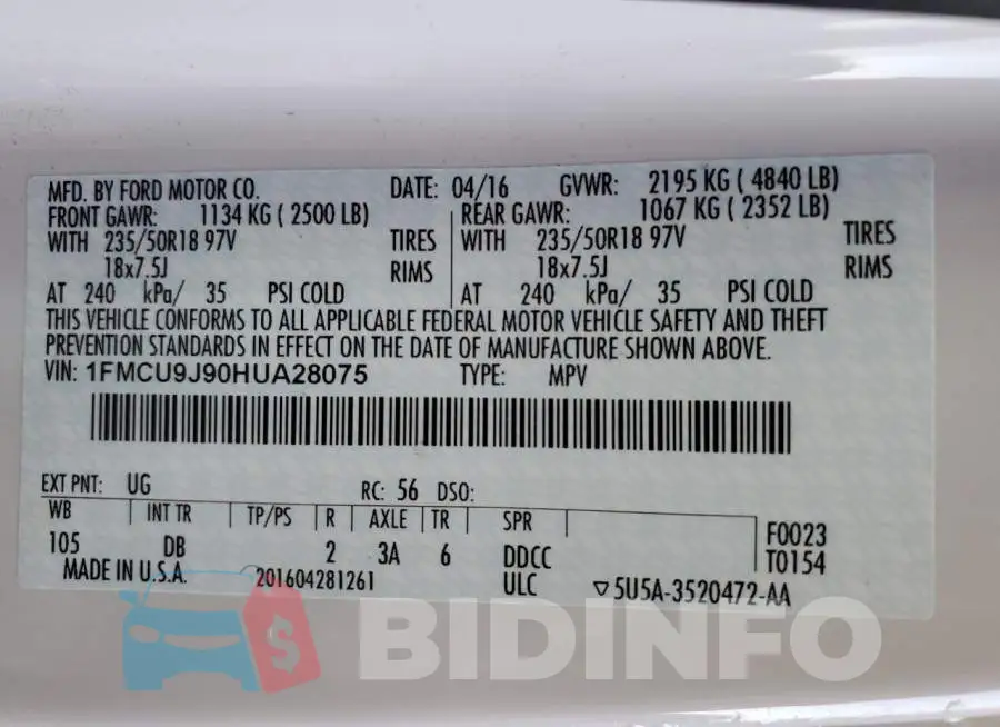 1FMCU9J90HUA28075 Photo# 13