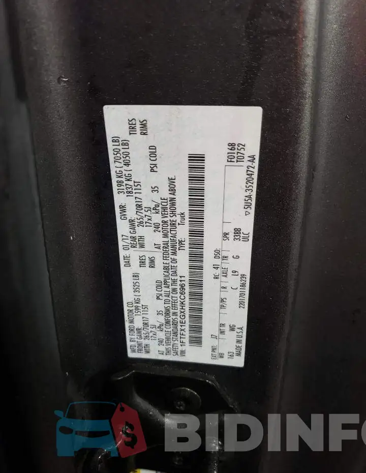 1FTFX1EGXHKC69611 Photo# 12