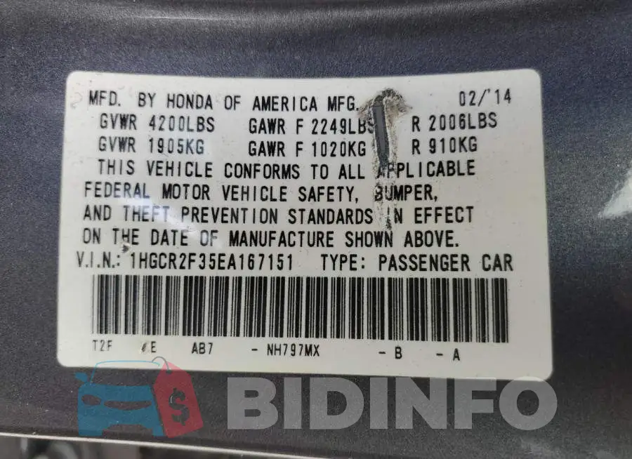 1HGCR2F35EA167151 Photo# 12