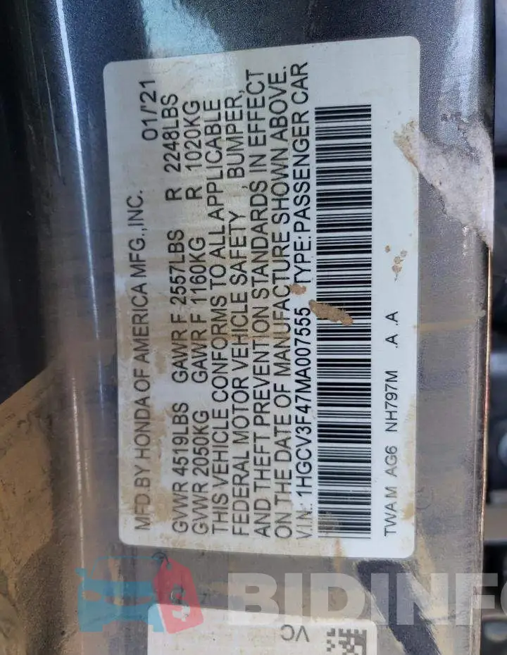 1HGCV3F47MA007555 Photo# 12