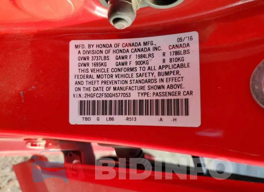 2HGFC2F50GH577053 Photo# 12