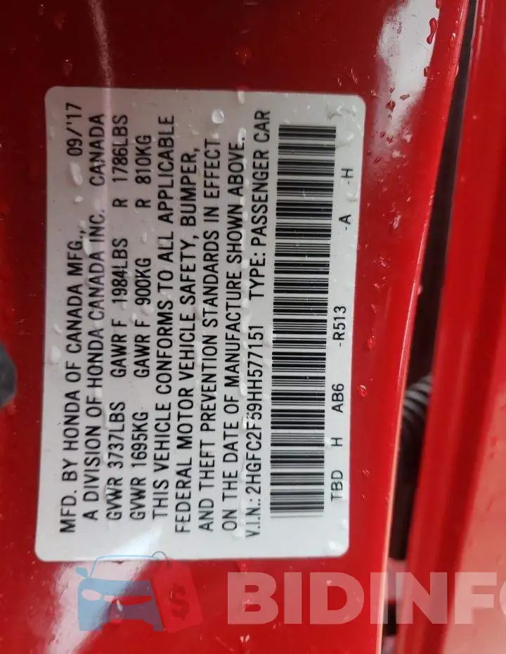 2HGFC2F59HH577151 Photo# 13