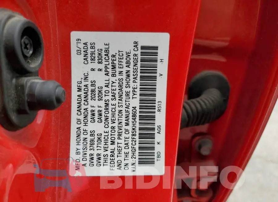 2HGFC2F85KH548604 Photo# 12