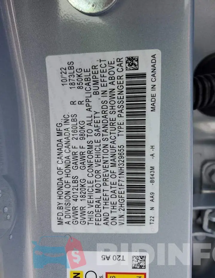 2HGFE1F71NH329655 Photo# 12