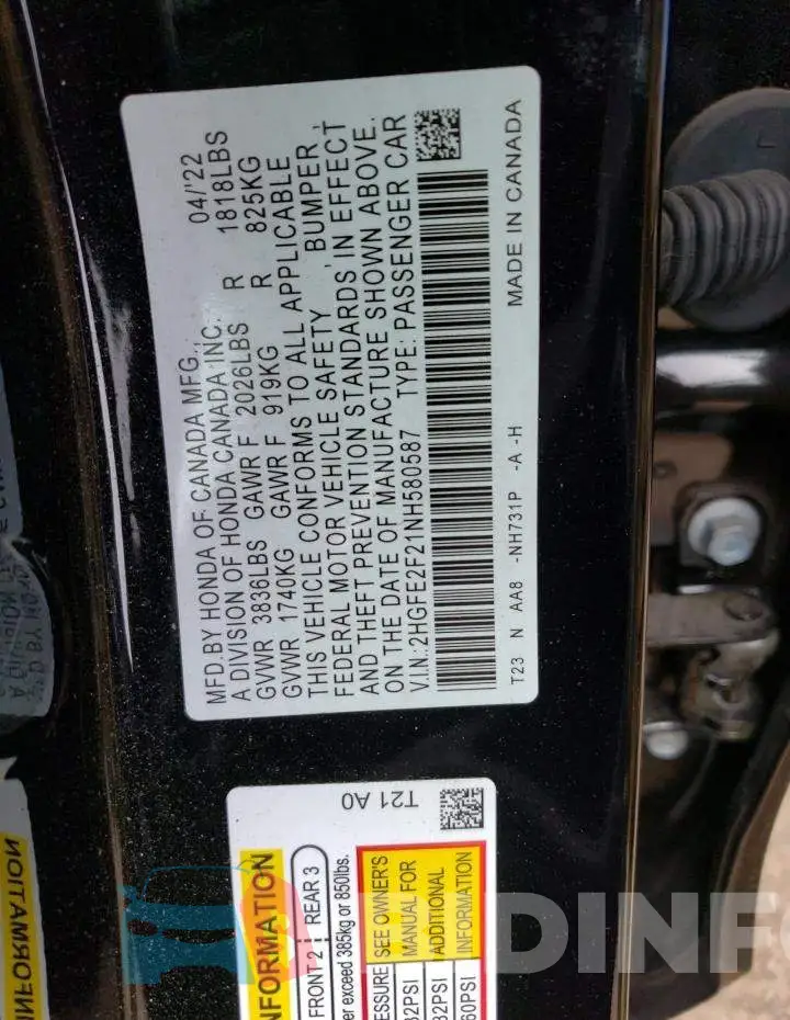 2HGFE2F21NH580587 Photo# 12