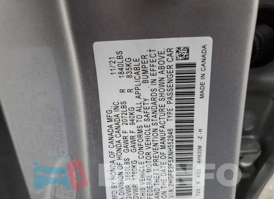 2HGFE2F5XNH552846 Photo# 12