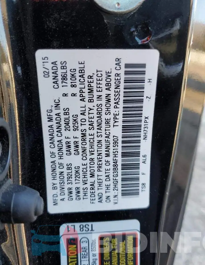 2HGFG3B84FH515907 Photo# 12