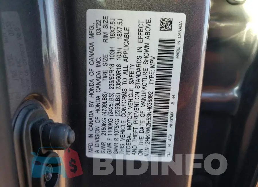 2HKRW2H53NH636892 Photo# 13