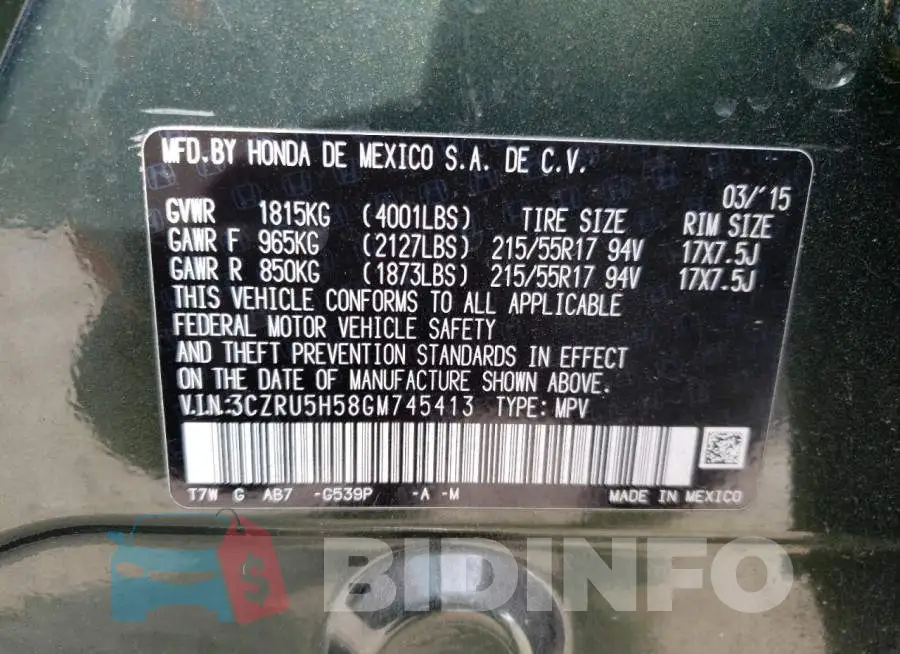 3CZRU5H58GM745413 Photo# 12