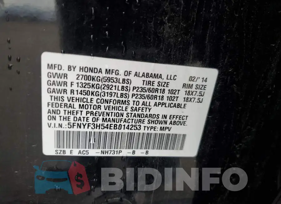 5FNYF3H54EB014253 Photo# 12