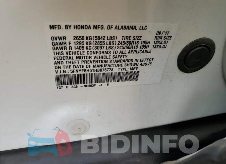 5FNYF6H51HB076778 Photo# 13