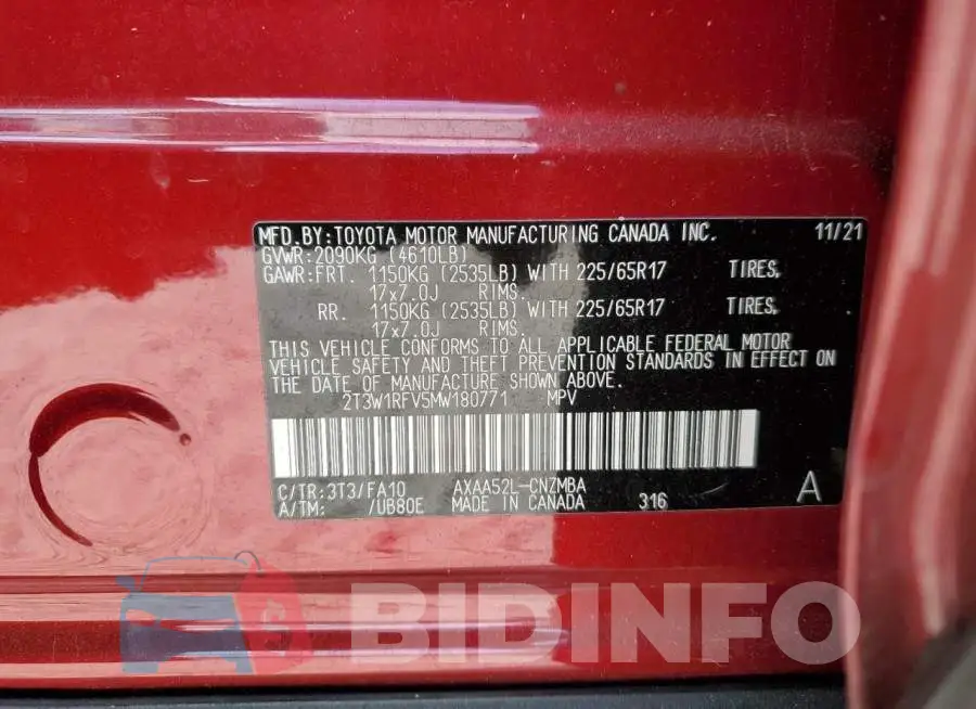 2T3W1RFV5MW180771 Photo# 13