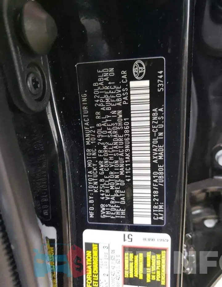 4T1C11AK9NU638601 Photo# 12