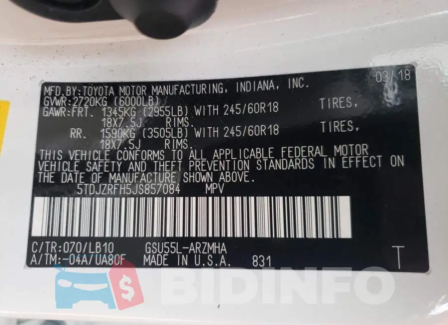 5TDJZRFH5JS857084 Photo# 13