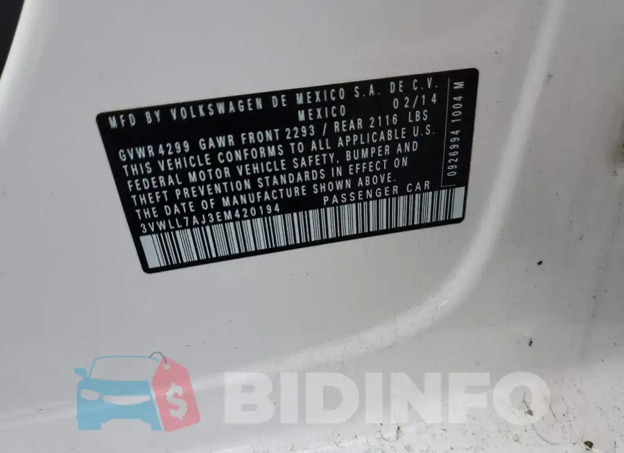 3VWLL7AJ3EM420194 Photo# 12