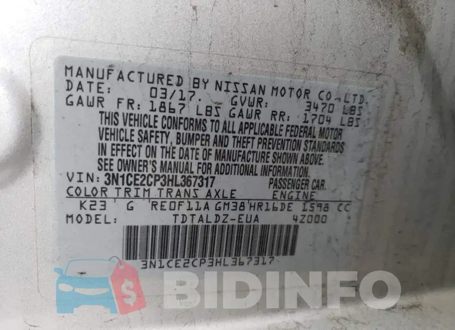 3N1CE2CP3HL367317 Photo# 12