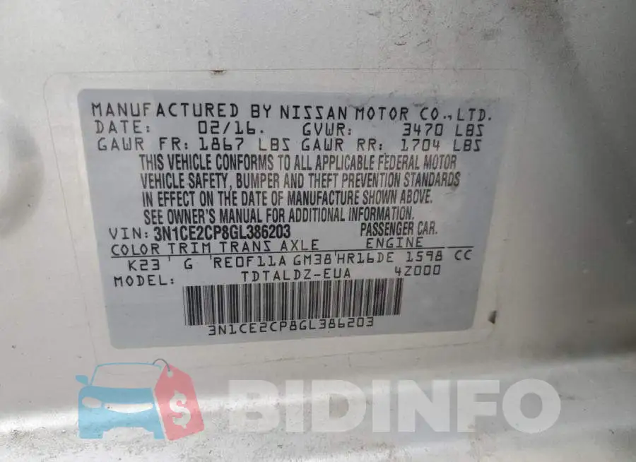 3N1CE2CP8GL386203 Photo# 13