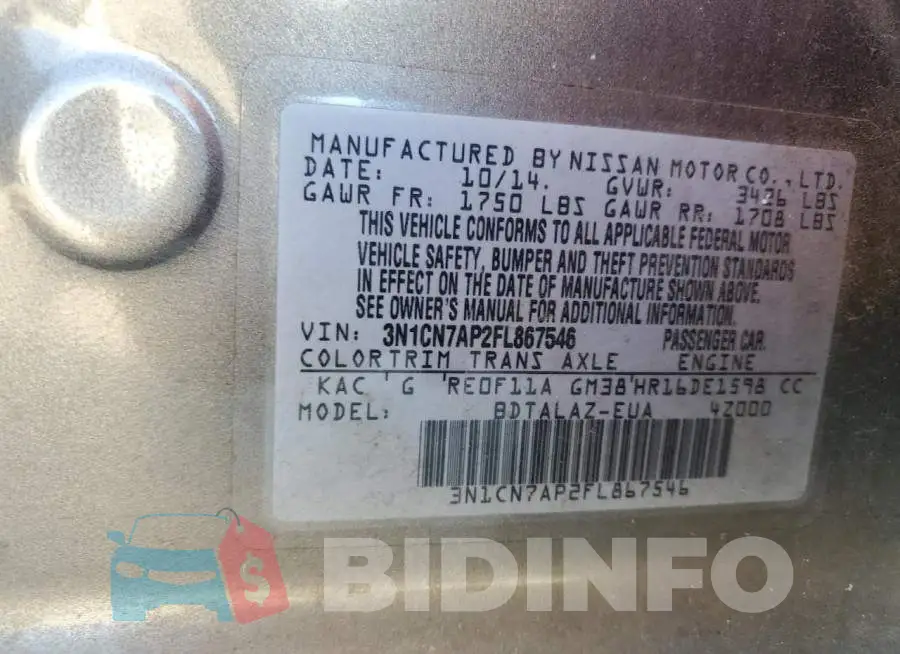3N1CN7AP2FL867546 Photo# 12