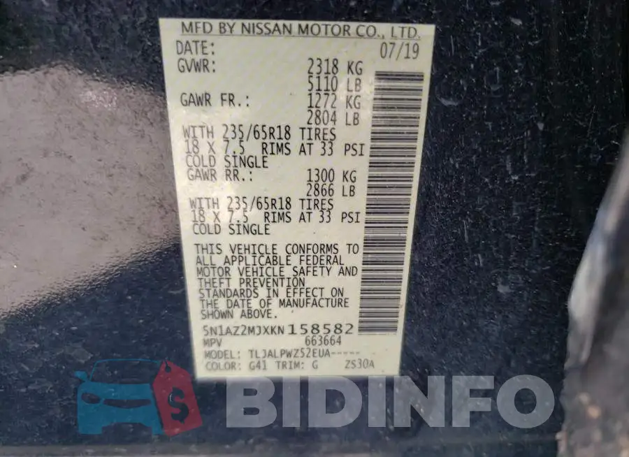 5N1AZ2MJXKN158582 Photo# 13