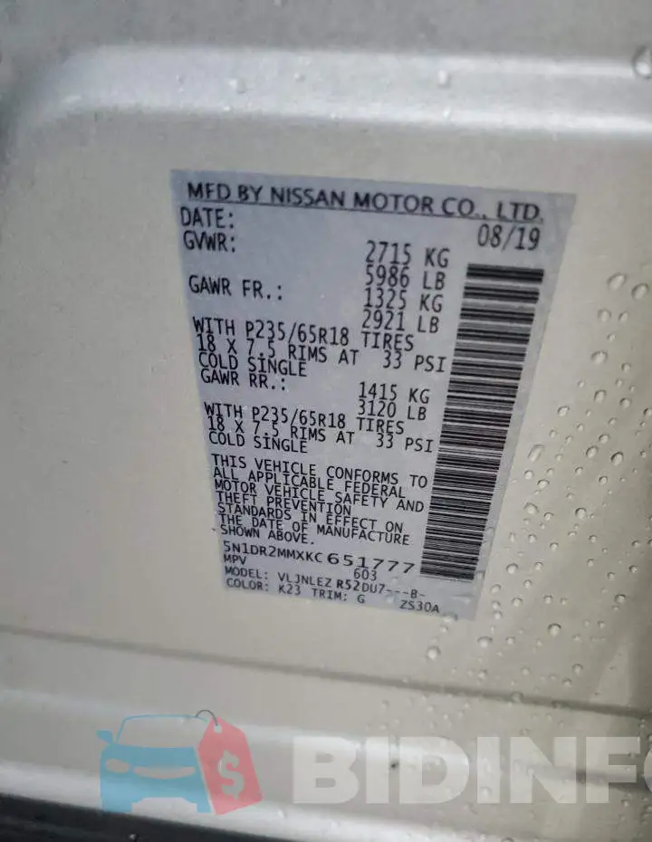 5N1DR2MMXKC651777 Photo# 12