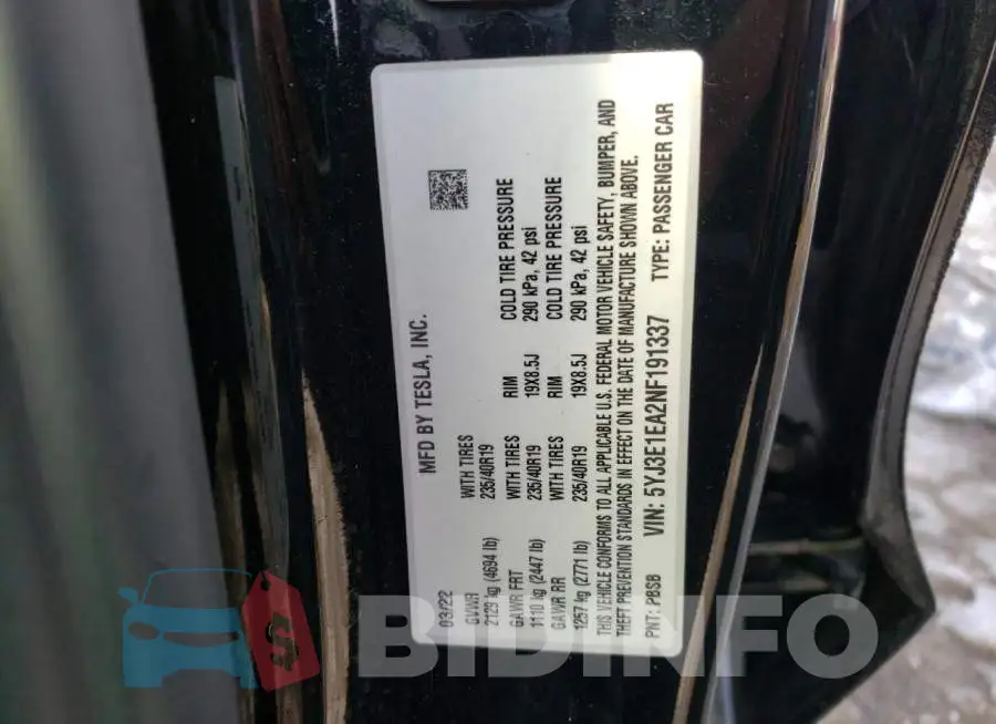 5YJ3E1EA2NF191337 Photo# 13
