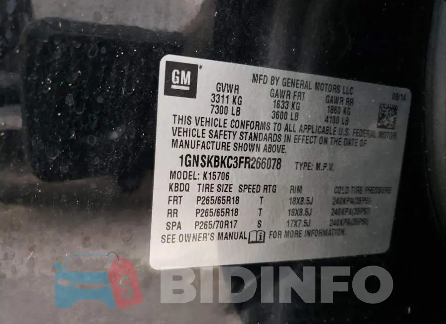 1GNSKBKC3FR266078 Photo# 10